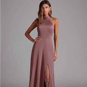 AZAZIE MYRA Stretch Desert Rose A-Line Side Slit Stretch Satin Dress